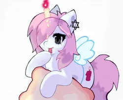 Size: 1459x1182 | Tagged: safe, artist:pibbles, derpibooru import, oc, oc:candleslick, unofficial characters only, earth pony, pony, candle, digital art, ear piercing, earring, emo, female, hair over one eye, hoof licking, ibispaint x, image, jewelry, jpeg, licking, messy mane, phone drawing, piercing, pillow, pink mane, simple background, solo, solo female, star of david, thick eyelashes, tongue out, white coat