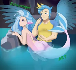 Size: 3000x2782 | Tagged: suggestive, artist:estevangel, derpibooru import, gallus, silverstream, human, mermaid, what lies beneath, butt, cave, duo, duo male and female, female, fins, gallstream, high res, humanized, image, jpeg, male, nudist silverstream, questionable source, scene interpretation, shipping, straight, streambutt, water, winged humanization, wings