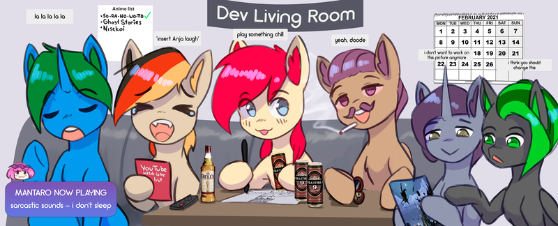 Size: 3000x1216 | Tagged: safe, artist:mrscroup, derpibooru import, oc, oc:anja snow, oc:arcane gear, oc:ryan celer, oc:scroupy, pegasus, pony, unicorn, equestria at war mod, alcohol, baltica, beer, chillaxing, cigarette, drawing, horn, image, jpeg, living room, pegasus oc, pony oc, singing, smoking, unicorn oc, wings