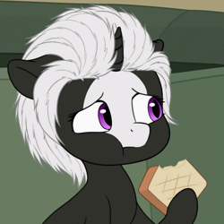 Size: 560x560 | Tagged: safe, artist:zippysqrl, derpibooru import, oc, oc:s.leech, unofficial characters only, pony, unicorn, animated, bread, chewing, concerned, dumpster, eating, floppy ears, food, gif, horn, image, loop, sandwich, unicorn oc
