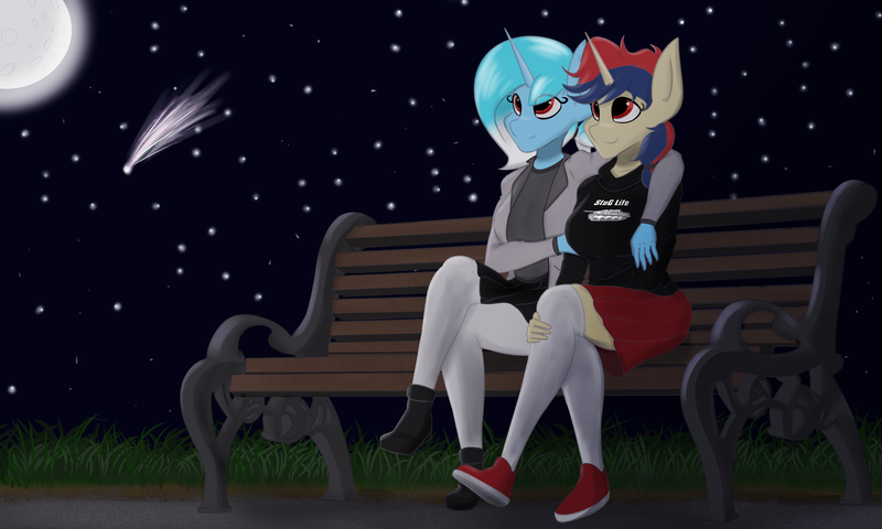 Size: 2912x1746 | Tagged: safe, artist:flopppchkin, derpibooru import, oc, oc:karina, oc:soleil moonshadow, anthro, anthro oc, bench, clothes, image, night, png, sitting, skirt, socks, stargazing, thigh highs, wholesome