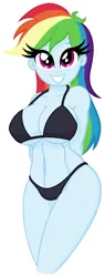 Size: 700x1850 | Tagged: suggestive, artist:roseluck, derpibooru import, rainbow dash, human, equestria girls, abs, absolute cleavage, arm behind back, bare shoulders, belly button, big breasts, bikini, bikini babe, black bikini, black swimsuit, breasts, busty rainbow dash, cleavage, clothes, curvy, derpibooru exclusive, erect nipples, female, grin, hourglass figure, image, legs together, looking at you, midriff, nipple outline, open mouth, open smile, png, shading, simple background, smiling, smiling at you, solo, solo female, standing, swimsuit, three quarter view, two-piece swimsuit, white background, wide hips