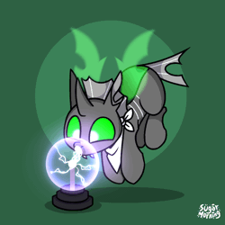Size: 800x800 | Tagged: safe, artist:sugar morning, derpibooru import, oc, oc:cinder, unofficial characters only, changeling, pony, animated, bandana, gif, image, plasma ball, simple background, solo