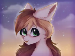 Size: 1600x1200 | Tagged: safe, derpibooru import, oc, pegasus, pony, blushing, brown mane, commission, cute, ear fluff, face licking, fluffy, green eyes, happy, image, licking, png, sky, solo, sparkles, stars, sunset, tongue out
