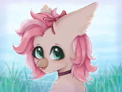 Size: 1600x1200 | Tagged: safe, derpibooru import, oc, seapony (g4), blue background, blushing, bow, choker, cute, ear fluff, face licking, fluffy, grass, green eyes, hair bow, image, licking, ocean, pink hair, png, simple background, solo, sparkles, tongue out, water