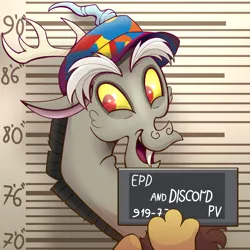 Size: 1000x1000 | Tagged: safe, artist:candy meow, derpibooru import, part of a set, discord, draconequus, barbie, barbie mugshot meme, cap, happy, hat, image, male, meme, mugshot, png, solo