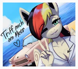 Size: 1500x1334 | Tagged: suggestive, artist:mrscroup, derpibooru import, oc, oc:anja snow, anthro, pegasus, anthro oc, beach, breasts, car, cleavage, image, jpeg, one eye closed, pegasus oc, photo, wings, wink