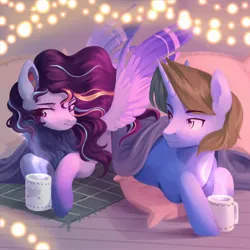 Size: 2400x2400 | Tagged: safe, artist:fluffyoddy, derpibooru import, oc, oc:arcane gear, oc:neon winds, unofficial characters only, pegasus, pony, unicorn, image, jpeg, mug, pillow, wings
