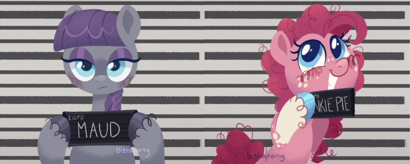 Size: 1920x769 | Tagged: safe, artist:bishopony, derpibooru import, maud pie, pinkie pie, earth pony, barbie mugshot meme, image, meme, mugshot, png