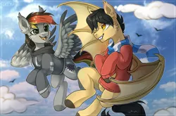 Size: 2047x1347 | Tagged: safe, artist:trickate, derpibooru import, oc, oc:anja snow, bat pony, pegasus, clothes, cloud, cloudy, flying, happy, hoodie, image, jpeg, pegasus oc, sky, wings