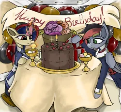 Size: 3244x3001 | Tagged: artist needed, safe, derpibooru import, oc, oc:anja snow, oc:soleil moonshadow, pegasus, unicorn, birthday cake, birthday party, cake, food, hat, horn, image, party, party hat, pegasus oc, png, unicorn oc, wings