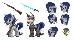 Size: 6839x3712 | Tagged: safe, artist:ryanmandraws, derpibooru import, oc, oc:thunder gale, unofficial characters only, pegasus, pony, armor, cutie mark, facial expressions, female, gun, hardlight blade, image, mare, png, power armor, reference sheet, scar, shotgun, simple background, weapon, white background