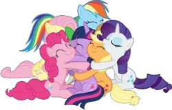 Size: 1081x692 | Tagged: safe, artist:pascalmulokozi2, derpibooru import, edit, edited screencap, screencap, applejack, fluttershy, pinkie pie, rainbow dash, rarity, spike, twilight sparkle, twilight sparkle (alicorn), alicorn, dragon, pegasus, pony, unicorn, the ending of the end, female, group hug, hug, image, male, mane seven, mane six, mare, not a vector, png, simple background, transparent background, winged spike, wings