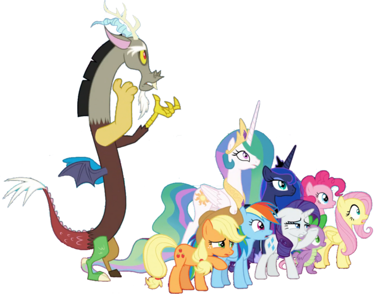Size: 1013x789 | Tagged: safe, artist:pascalmulokozi2, derpibooru import, edit, edited screencap, screencap, applejack, discord, fluttershy, pinkie pie, princess celestia, princess luna, rainbow dash, rarity, spike, alicorn, draconequus, dragon, earth pony, pegasus, pony, unicorn, the ending of the end, female, image, male, mane five, mare, not a vector, png, royal sisters, siblings, simple background, sisters, transparent background, winged spike, wings