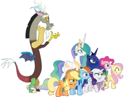 Size: 1013x789 | Tagged: safe, artist:pascalmulokozi2, derpibooru import, edit, edited screencap, screencap, applejack, discord, fluttershy, pinkie pie, princess celestia, princess luna, rainbow dash, rarity, spike, alicorn, draconequus, dragon, earth pony, pegasus, pony, unicorn, the ending of the end, female, image, male, mane five, mare, not a vector, png, royal sisters, siblings, simple background, sisters, transparent background, winged spike, wings