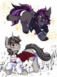 Size: 1400x1900 | Tagged: safe, artist:falafeljake, derpibooru import, oc, unofficial characters only, earth pony, pony, unicorn, clothes, commission, duo, earth pony oc, eye clipping through hair, eyebrows, eyebrows visible through hair, glasses, horn, image, jpeg, looking at each other, looking at someone, male, music notes, simple background, smiling, sparkles, stallion, unicorn oc, white background