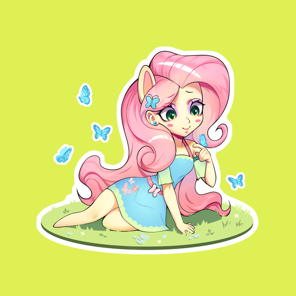 Size: 3508x3508 | Tagged: safe, artist:ikstina, derpibooru import, fluttershy, butterfly, human, insect, equestria girls, blushing, chibi, clothes, cute, dress, ears, grass, grass field, green background, green eyes, humanized, image, keychain, long hair, looking down, makeup, merchandise, on grass, pink hair, png, pony ears, simple background, solo, sticker