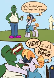 Size: 1020x1478 | Tagged: safe, artist:cowsrtasty, derpibooru import, copper top, oc, oc:anon, earth pony, human, pony, alcohol, beer, crocs, female, image, male, mare, png