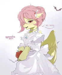 Size: 1992x2410 | Tagged: safe, artist:spoosha, derpibooru import, fluttershy, bat pony, butterfly, insect, apple, bat ponified, clothes, dress, flutterbat, food, hospital, image, jewelry, png, race swap