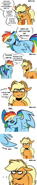 Size: 1640x8231 | Tagged: safe, artist:lrusu, derpibooru import, applejack, rainbow dash, earth pony, pegasus, pony, appledash, comic, dialogue, duo, eye clipping through hair, female, floppy ears, image, lesbian, png, shipping, simple background, spread wings, white background, wings