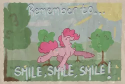 Size: 600x400 | Tagged: safe, artist:molars, derpibooru import, pinkie pie, earth pony, pony, fallout equestria, dancing, eyes closed, happy, image, ministry mares, ministry of morale, pink fur, png, poster, propaganda, propaganda poster, raised leg, smile smile smile, smile song, solo, texture, tree