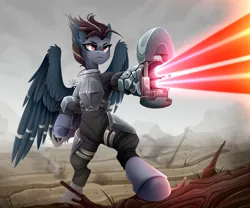 Size: 3000x2500 | Tagged: safe, artist:buvanybu, derpibooru import, oc, unofficial characters only, pegasus, pony, amputee, armor, body armor, cybernetic legs, image, laser, laser rifle, png, prosthetic limb, prosthetics, solo