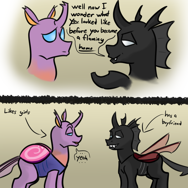 Size: 3000x3000 | Tagged: safe, artist:fumalunga, derpibooru import, oc, oc:coxa, oc:maxilla, unofficial characters only, changedling, changeling, 2 panel comic, anisocoria, changedling oc, changeling oc, comic, dialogue, duo, fangs, image, male, png, red changeling, smug