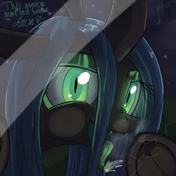 Size: 2000x2000 | Tagged: safe, artist:uteuk, derpibooru import, queen chrysalis, changeling, changeling queen, crack, drool, fangs, female, forked tongue, glass, glow, glowing eyes, image, licking, looking at you, png, tongue out, window