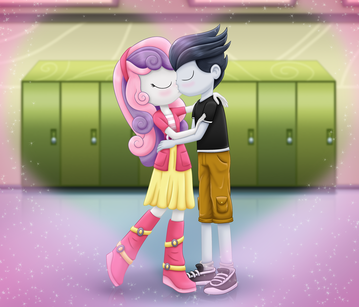 Size: 3500x3000 | Tagged: safe, artist:lifesharbinger, derpibooru import, rumble, sweetie belle, human, equestria girls, duo, duo male and female, equestria girls-ified, eyes closed, female, heart, high res, image, kissing, lockers, male, png, requested art, rumbelle, shipping, straight
