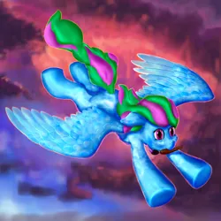 Size: 2160x2160 | Tagged: safe, artist:callichrome, derpibooru import, oc, unofficial characters only, pegasus, female, flying, image, paintbrush, pegasus oc, png, smiling, solo, spread wings, sunset, wings