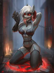 Size: 2224x2968 | Tagged: safe, artist:dacsy, derpibooru import, oc, oc:circe bellator, anthro, black bra, blood, candle, clothes, image, pentagram, png, red eyes, socks, solo, stockings, thigh highs, white hair