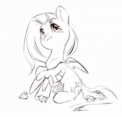 Size: 972x932 | Tagged: safe, artist:melodylibris, derpibooru import, fluttershy, bird, pegasus, pony, black and white, chick, cute, female, grayscale, image, jpeg, looking up, mare, monochrome, one wing out, shyabetes, simple background, sitting, sketch, smiling, solo, white background, wings