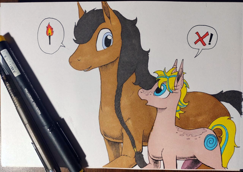 Size: 1280x910 | Tagged: safe, artist:darkhestur, derpibooru import, oc, oc:burning stream, oc:dark, unofficial characters only, pony, dialogue, duo, female, image, male, mare, marker drawing, norse horse, png, simple background, speech bubble, stallion, traditional art, walking, white background