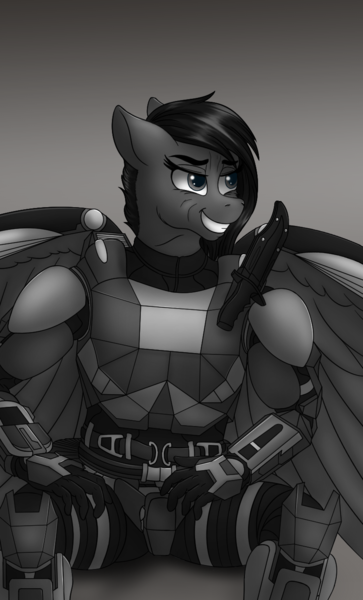 Size: 830x1373 | Tagged: safe, artist:crimsonwolf360, derpibooru import, ponified, anthro, pegasus, pony, gigachad, grayscale, halo (series), image, monochrome, noble six, png, solo