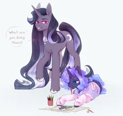 Size: 4000x3760 | Tagged: safe, artist:dreamyrat, derpibooru import, oc, unofficial characters only, pony, blue eyes, butt, clothes, dialogue, drawing, duo, duo male and female, fake wings, female, filly, foal, horn, image, lying down, male, open mouth, open smile, paper, pencil, pink eyes, plot, png, simple background, smiling, stallion, wings