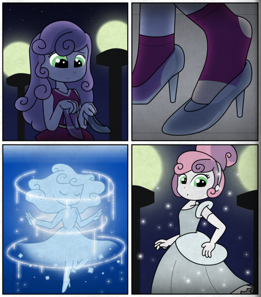 Size: 2670x3040 | Tagged: safe, artist:missd76, derpibooru import, sweetie belle, human, equestria girls, alternate clothes, alternate hairstyle, cinderella, clothes, comic, dress, fairy tale, high heels, image, lamp, night, png, shoes, solo, transformation