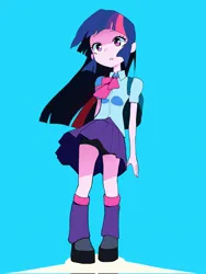 Size: 1537x2048 | Tagged: safe, artist:cheesesauce_45, derpibooru import, twilight sparkle, human, equestria girls, blue background, clothes, compression shorts, female, image, jpeg, no pupils, open mouth, simple background, skirt, solo, upskirt, windswept hair