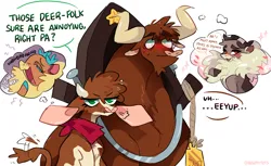 Size: 2036x1247 | Tagged: safe, artist:hoshmyposhes, derpibooru import, velvet reindeer, bull, cow, deer, reindeer, them's fightin' herds, antlers, arizona (tfh), blushing, buck, chest fluff, community related, concave belly, countershading, eeyup, father and child, father and daughter, female, funny, gay, horn, image, implied gay, laughing, male, png, shipping, simple background, stronghoof hoofstrong (tfh), texas (tfh), thought bubble, white background, yoke