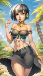 Size: 864x1536 | Tagged: suggestive, derpibooru import, editor:sammykun, machine learning generated, novelai, stable diffusion, tropical dream, zecora, human, ai content, belly button, bracelet, breasts, busty zecora, clothes, cloud, ear piercing, earring, face paint, humanized, image, jewelry, lips, midriff, necklace, palm tree, piercing, png, prompter:sammykun, request, requested art, skirt, sky, stupid sexy zecora, thighs, tree, tribal