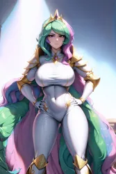 Size: 1024x1536 | Tagged: safe, derpibooru import, machine learning generated, stable diffusion, princess celestia, human, ai content, armor, big breasts, bodysuit, breasts, busty princess celestia, clothes, crown, female, frown, hand on hip, humanized, image, jewelry, jpeg, looking at you, prompter:4as, regalia, solo, wide hips