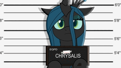 Size: 1920x1080 | Tagged: safe, artist:pearmare animation, derpibooru import, queen chrysalis, oc, oc:fluffle puff, changeling, fluffy pony, animated, barbie mugshot meme, cheese, food, glow, glowing horn, horn, image, meme, mugshot, pink fluffy unicorns dancing on rainbows, tongue out, webm