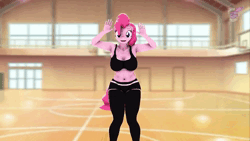 Size: 1920x1080 | Tagged: safe, artist:hornyforest, derpibooru import, pinkie pie, anthro, animated, clothes, dancing, female, image, looking at you, music, shorts, solo, solo female, sports, sports bra, sports shorts, webm