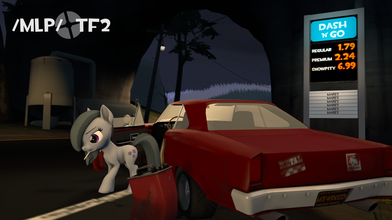 Size: 3840x2160 | Tagged: safe, derpibooru import, marble pie, earth pony, pony, /mlp/ tf2 general, 3d, car, gas station, gasoline, image, meme, night, png, source filmmaker, team fortress 2, text