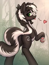 Size: 2125x2800 | Tagged: safe, alternate version, artist:elronya, artist:eltaile, derpibooru import, oc, oc:zenawa skunkpony, unofficial characters only, earth pony, hybrid, pony, skunk, skunk pony, :p, blushing, butt, claws, forest, forest background, heart, image, looking at you, looking back, looking back at you, male, outdoors, paw pads, paws, png, raised leg, raised tail, seduction, seductive look, seductive pose, solo, spread legs, spreading, stallion, tail, tongue out, tree