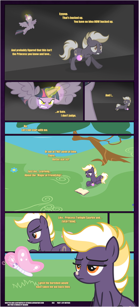Size: 1919x4225 | Tagged: safe, artist:estories, derpibooru import, twilight sparkle, twilight sparkle (alicorn), oc, oc:wildheart, alicorn, butterfly, earth pony, insect, pony, comic:curse of wings, book, female, image, magic, mare, png