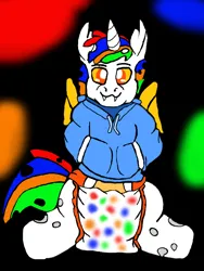 Size: 512x680 | Tagged: suggestive, artist:cavewolfphil, derpibooru import, oc, oc:fruitcake, changeling, changeling oc, clothes, diaper, hoodie, image, non-baby in diaper, png, simple background, white changeling