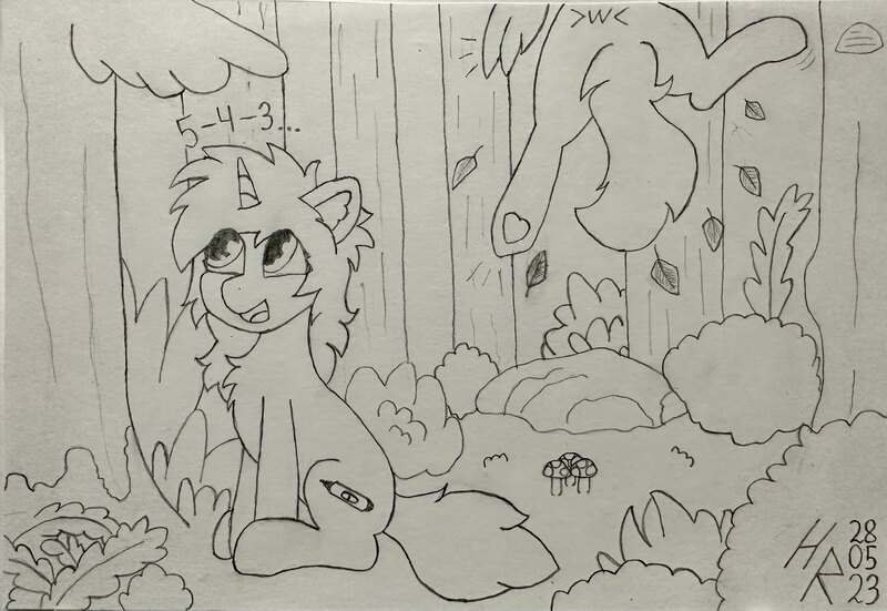 Size: 3729x2569 | Tagged: safe, artist:hardrock, derpibooru import, oc, oc:hardy, oc:kate, alicorn, pony, unicorn, chest fluff, ear fluff, female, forest, happy, image, jpeg, male, mare, peekaboo, pencil drawing, stallion, traditional art, tree