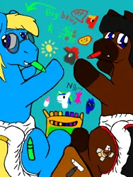 Size: 512x680 | Tagged: suggestive, artist:cavewolfphil, derpibooru import, oc, oc:blue wax, pony, crayon, crayon drawing, diaper, diaper fetish, drawing on the wall, fetish, glasses, image, non-baby in diaper, png, traditional art