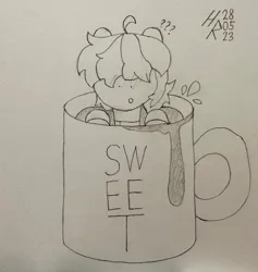 Size: 2791x2950 | Tagged: safe, artist:hardrock, derpibooru import, oc, oc:walter evans, pony, blushing, cup, cup of pony, image, jpeg, male, micro, pencil drawing, stallion, surprised, teacup, traditional art