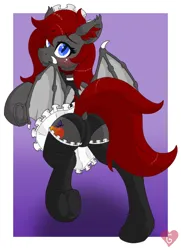 Size: 1374x1900 | Tagged: suggestive, artist:gnashie, derpibooru import, oc, unofficial characters only, bat pony, pony, blushing, clothes, female, image, jpeg, looking back, maid, mare, nervous